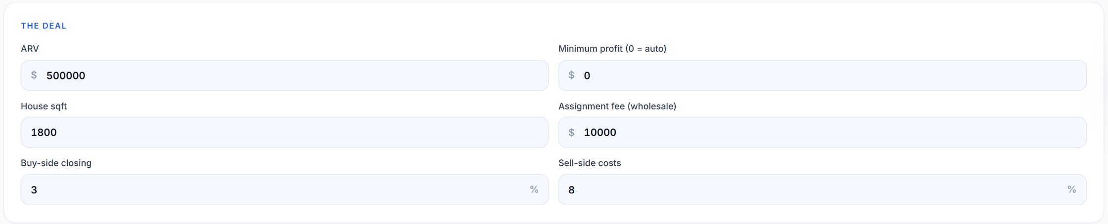 The Deal Analyzer inputs: ARV, minimum profit, house square footage, assignment fee, buy-side closing and sell-side costs