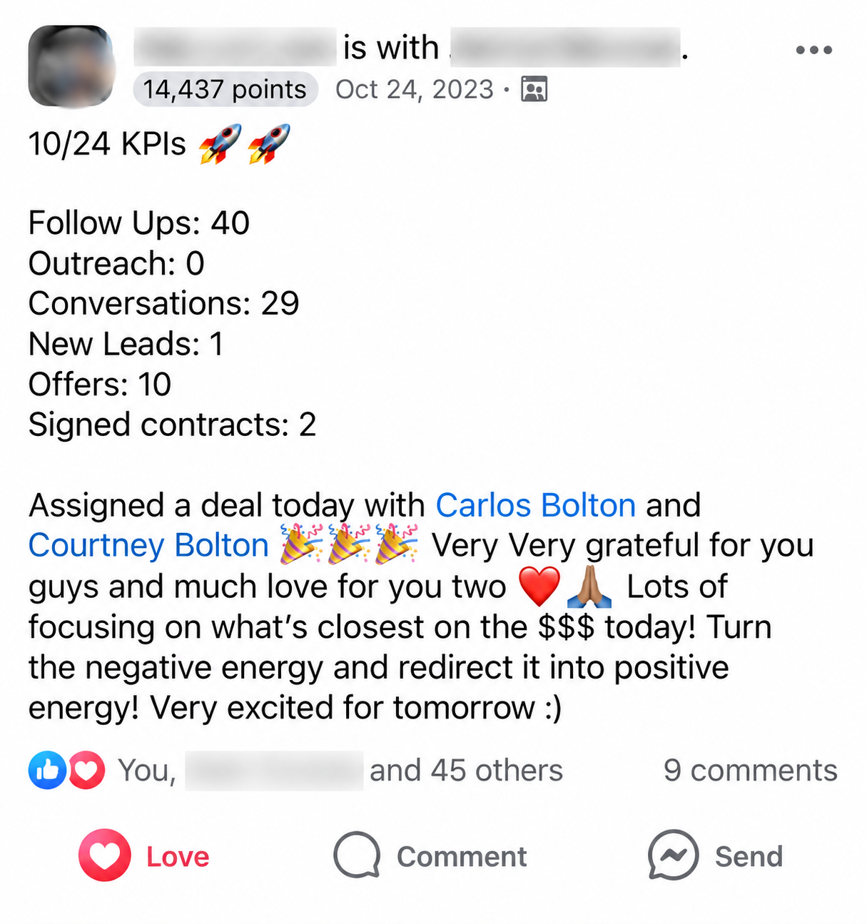 Member post showing 40 follow ups, 29 conversations, 10 offers and 2 signed contracts