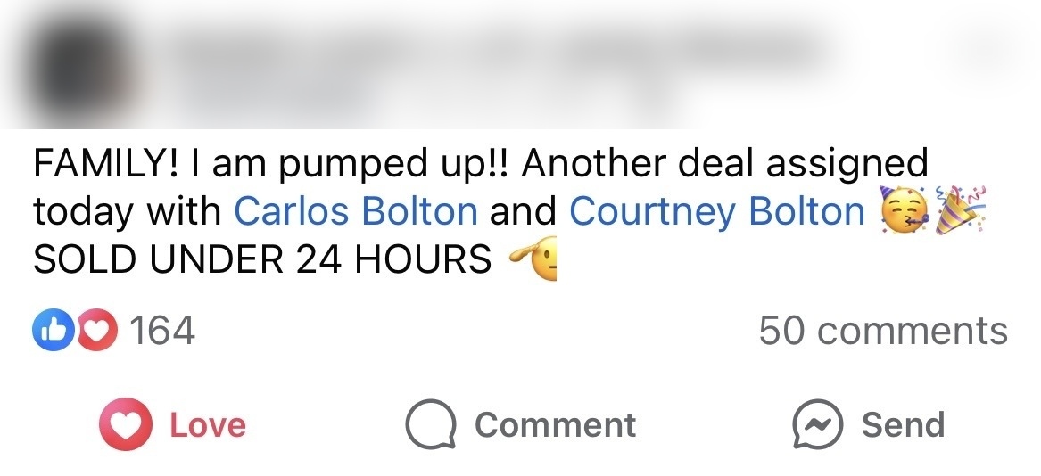 Member post announcing another deal assigned and sold in under 24 hours