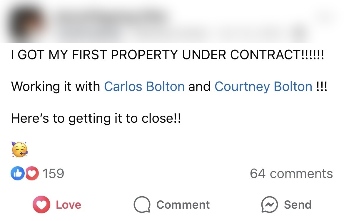 Member post announcing their first property under contract