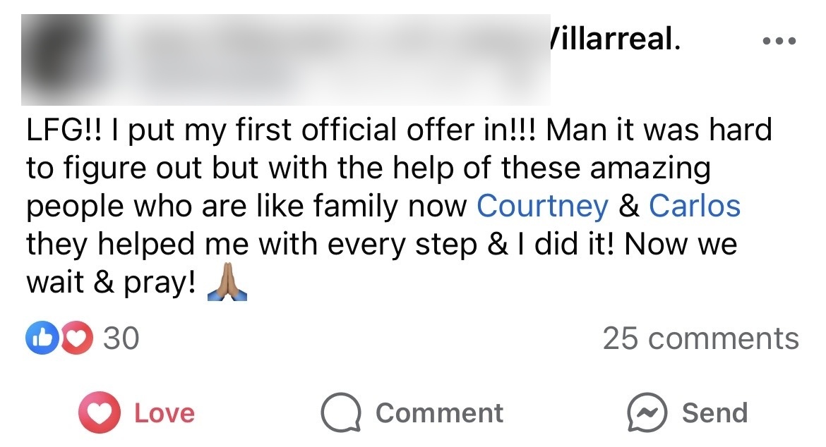 Member post about submitting their first official offer