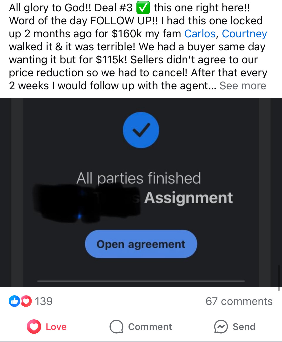 Member post about a third deal closed through persistent follow up, with a completed assignment agreement