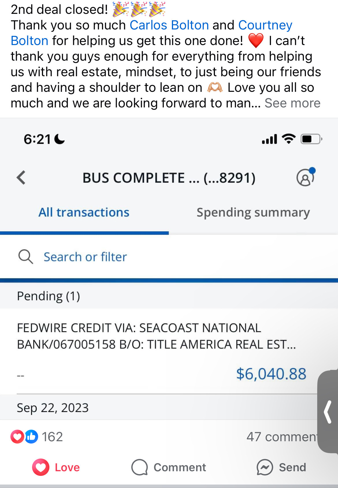 Member post announcing a second closed deal with a $6,040.88 wire transfer