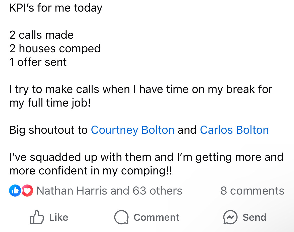 Member post about making calls and comping houses on a work break, and growing confidence with comps