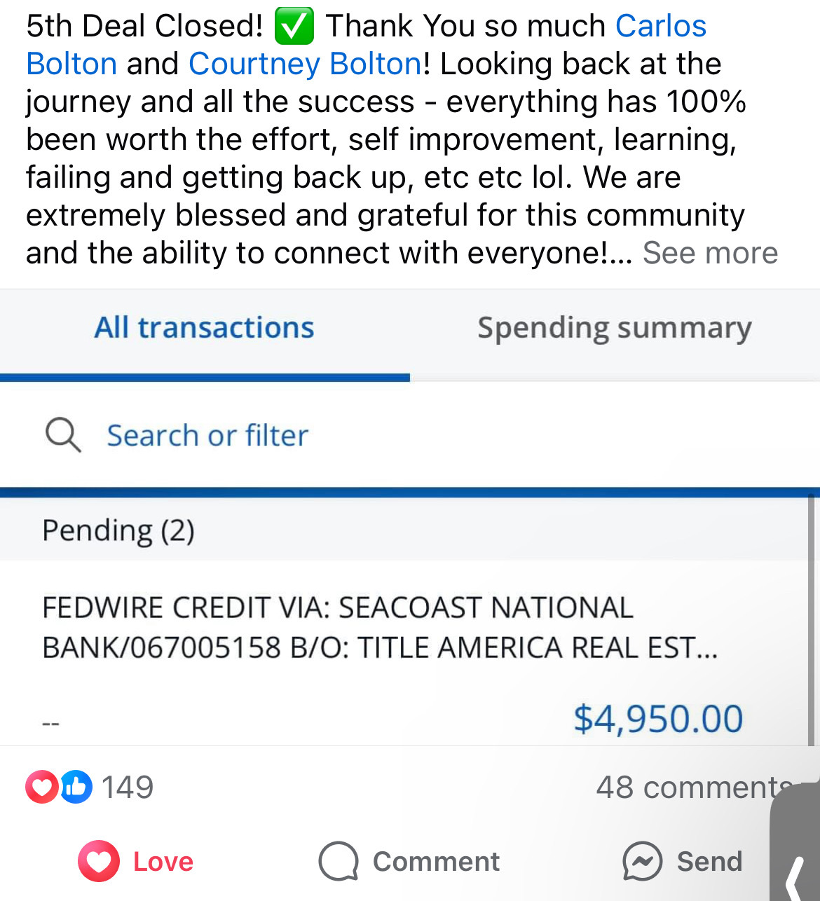 Member post announcing a fifth closed deal with a $4,950.00 wire transfer